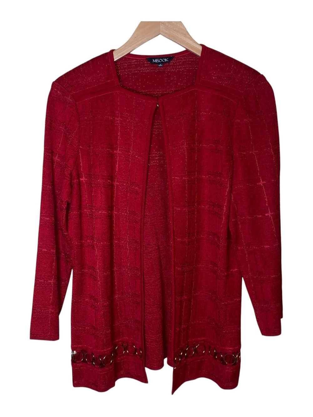 Misook Women's Knit Cardigan Sweater Burgundy w/Gold Loops Top Size Small